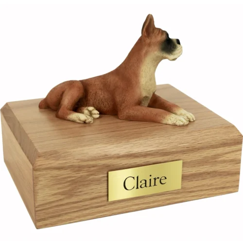 Memorial cremation oak finish urn with laying ears up Boxer dog figurine