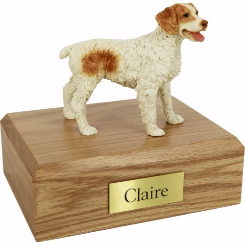 Memorial cremation oak finish urn with standing brown and white Brittany dog figurine