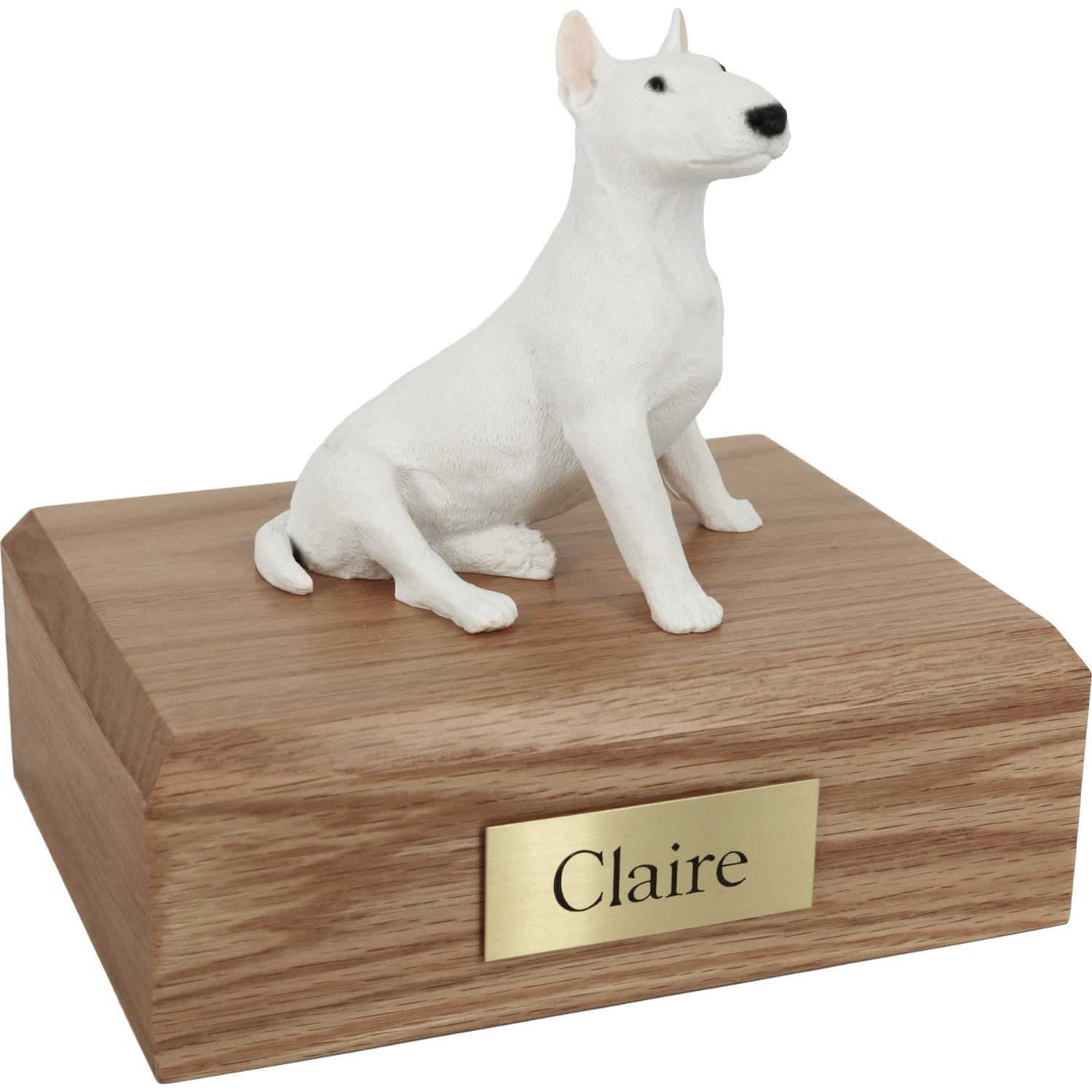 Memorial cremation urn with white Bull Terrier dog figurine, oak finish