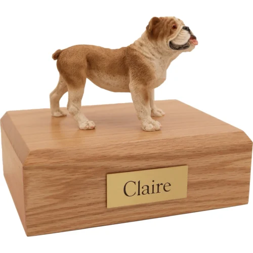 Memorial cremation oak finish urn with standing Bulldog dog figurine