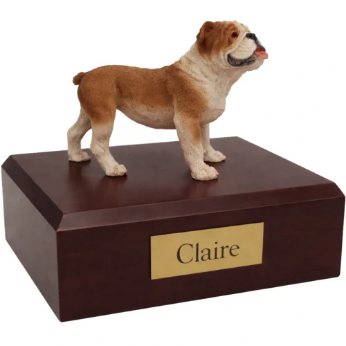 Memorial cremation urn with standing Bulldog dog figurine, walnut finish