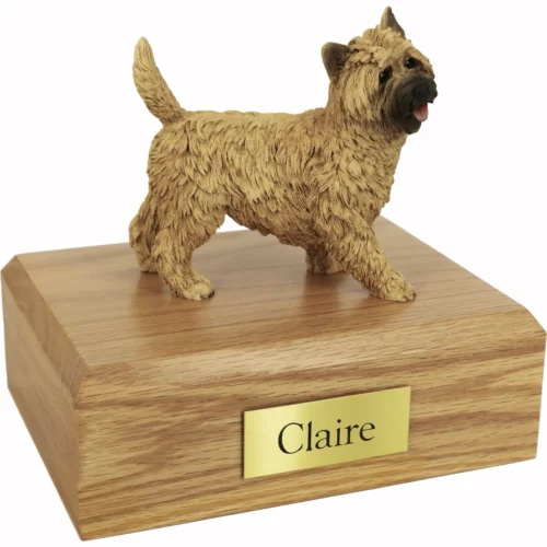 Memorial cremation oak finish urn with standing Cairn Terrier dog figurine