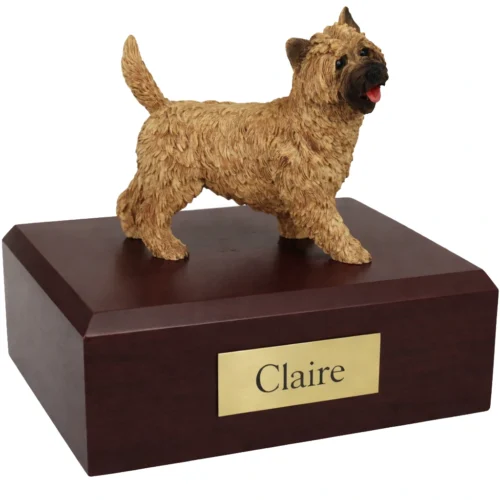 Memorial cremation urn with standing Cairn Terrier dog figurine, walnut finish
