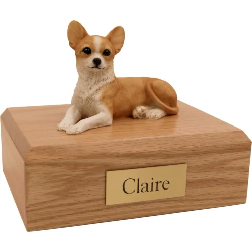 Memorial cremation oak finish urn with laying tan and white Chihuahua dog figurine