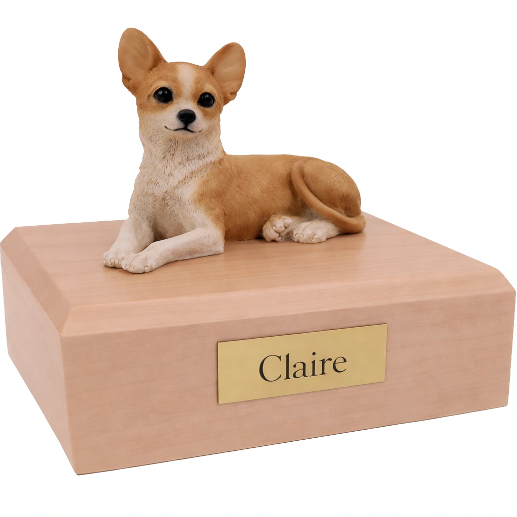 Memorial cremation urn with laying Chihuahua dog figurine, maple finish