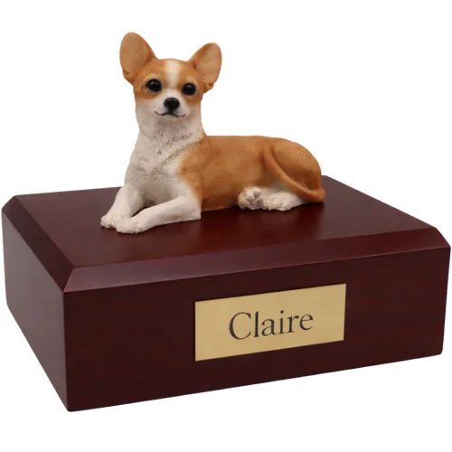 Memorial cremation urn with laying Chihuahua dog figurine, walnut finish