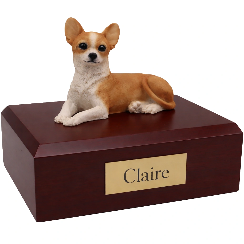 Memorial cremation urn with laying Chihuahua dog figurine, walnut finish