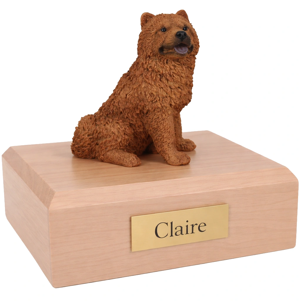Memorial cremation urn with sitting Chow Chow dog figurine, maple finish