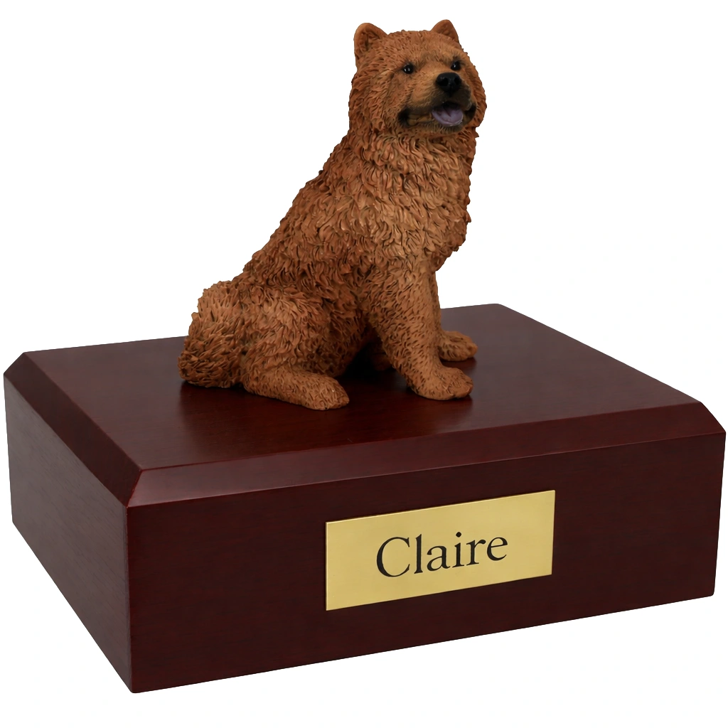 Memorial cremation urn with sitting Chow Chow dog figurine, walnut finish