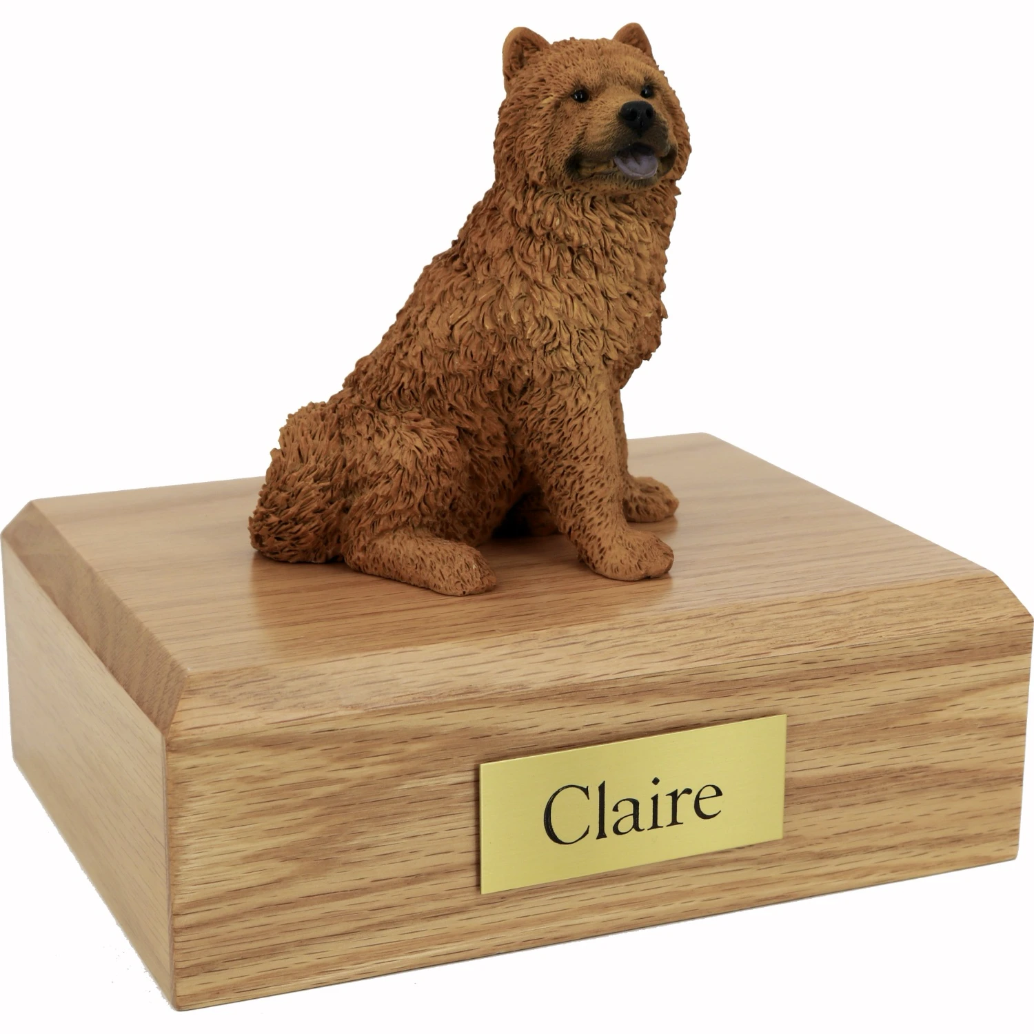 Memorial cremation oak finish urn with sitting red Chow Chow dog figurine