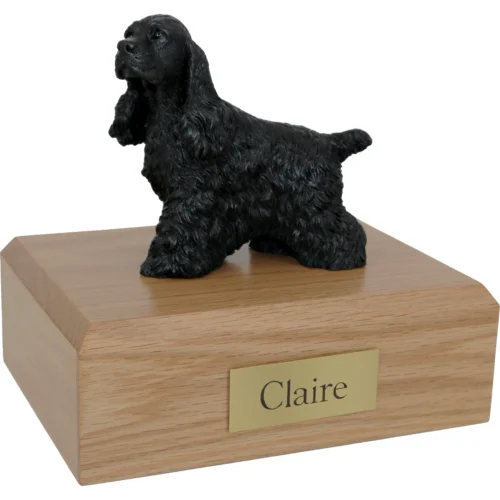 Memorial cremation urn with black Cocker Spaniel dog figurine, oak finish