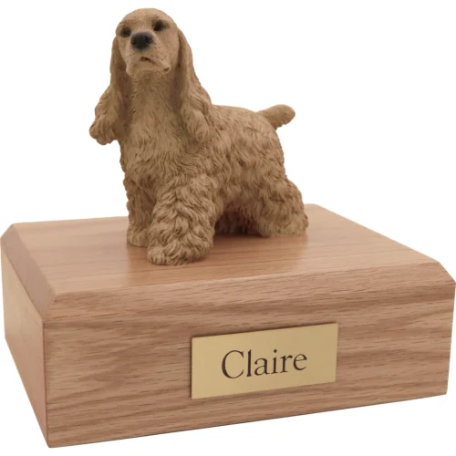 Memorial cremation urn with buff Cocker Spaniel dog figurine, oak finish