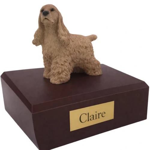 Memorial cremation urn with standing buff Cocker Spaniel dog figurine, walnut finish