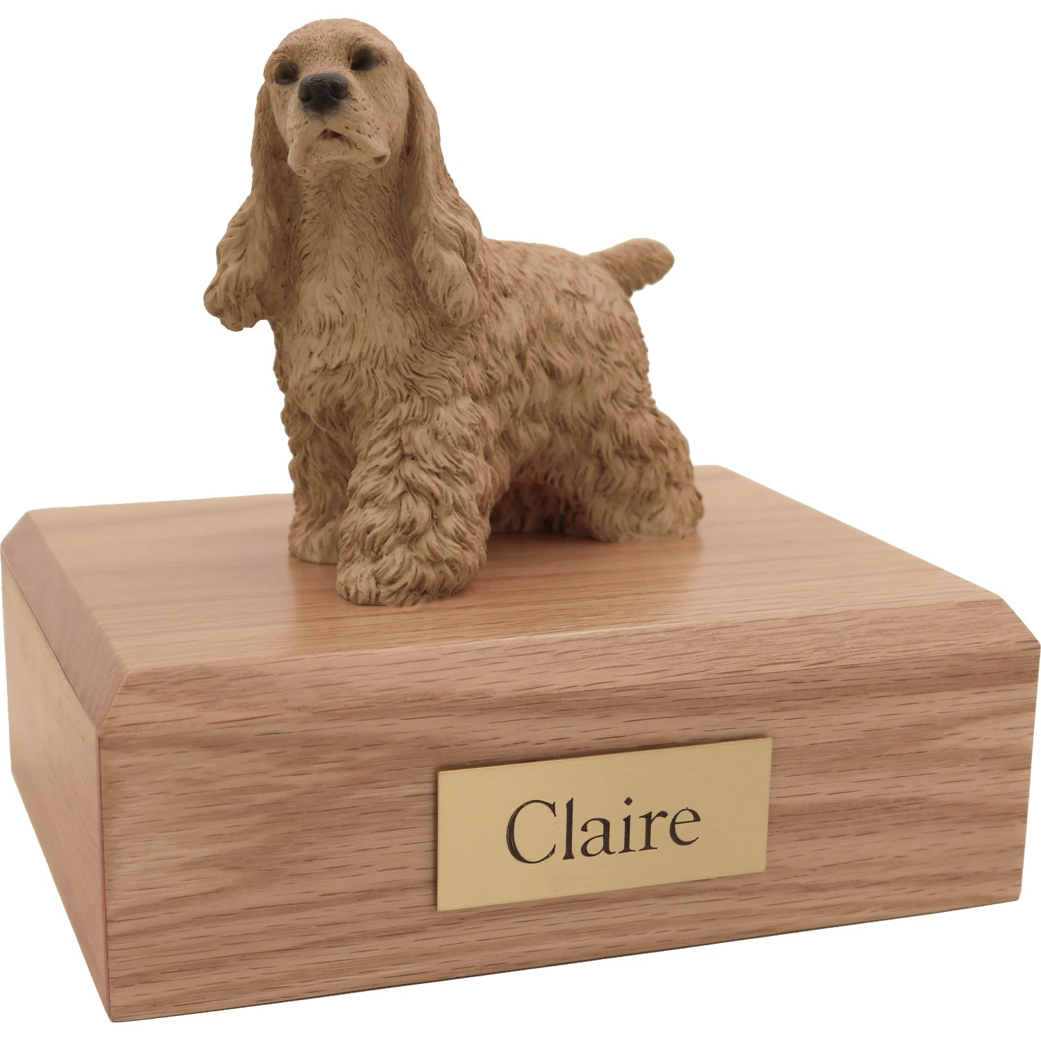 Memorial cremation urn with buff Cocker Spaniel dog figurine, oak finish
