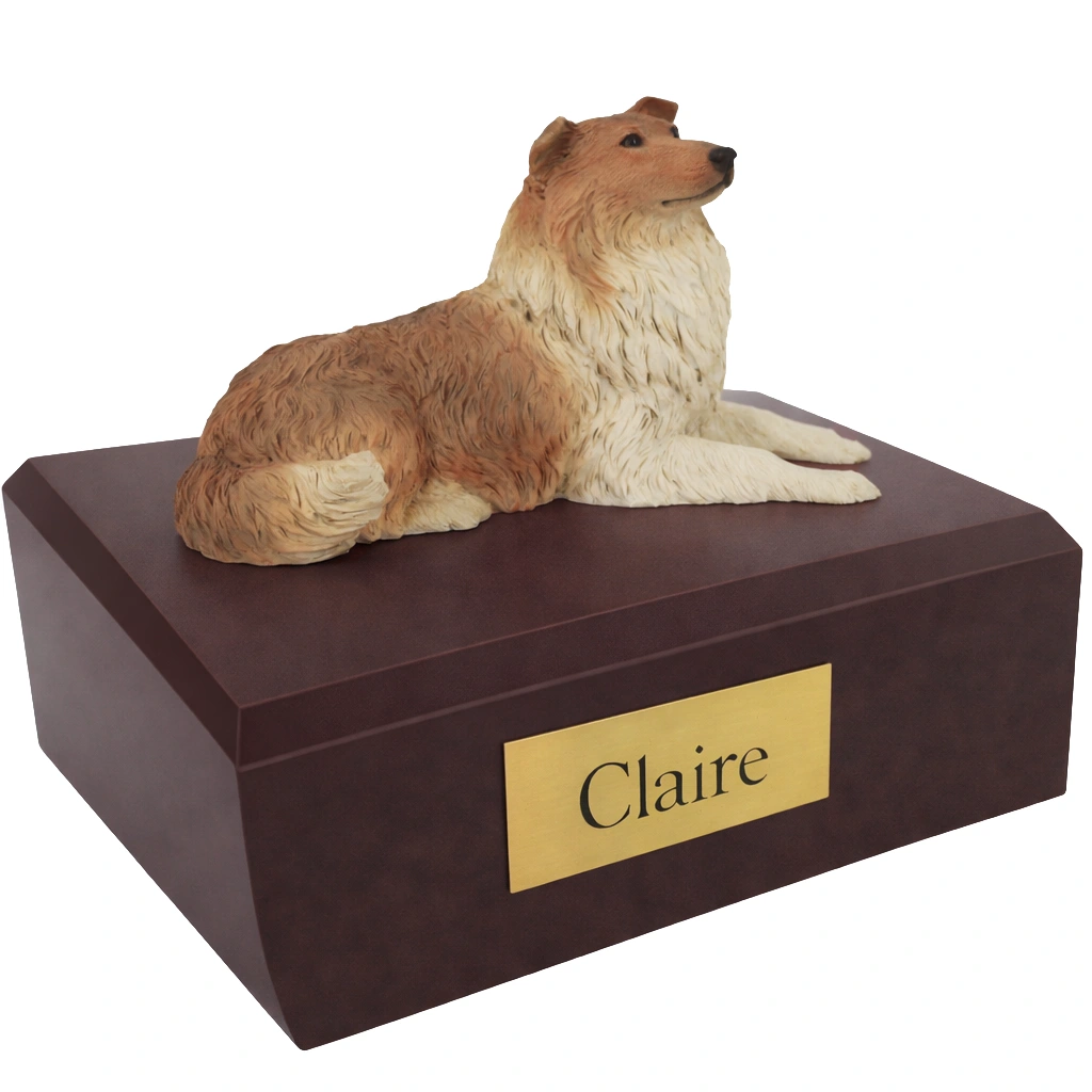 Memorial cremation urn with laying Collie dog figurine, walnut finish
