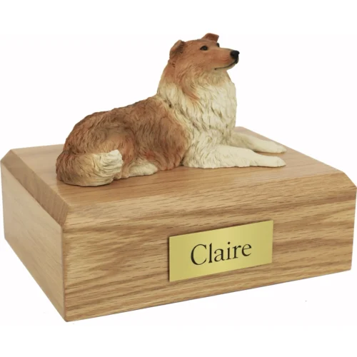 Memorial cremation oak finish urn with laying Collie dog figurine