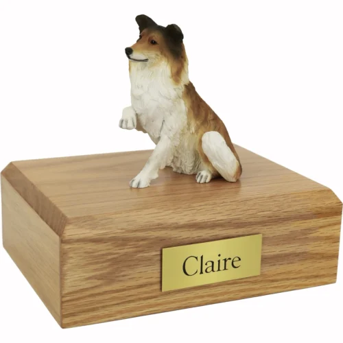 Memorial cremation oak finish urn with sitting Collie with paw up dog figurine