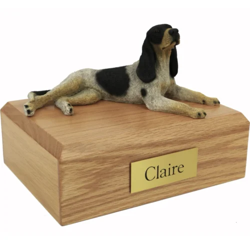 Memorial cremation oak finish urn with laying Bluetick Coonhound dog figurine