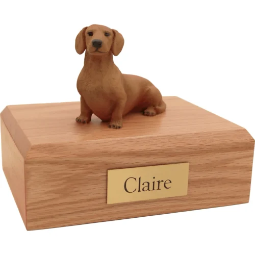 Memorial cremation oak finish urn with sitting red Dachshund dog figurine