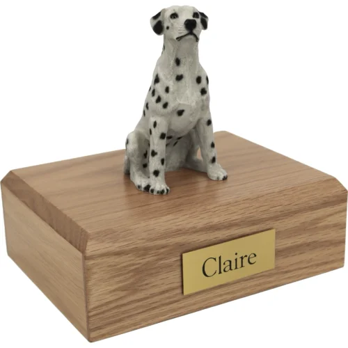 Memorial cremation urn with sitting Dalmatian dog figurine, oak finish