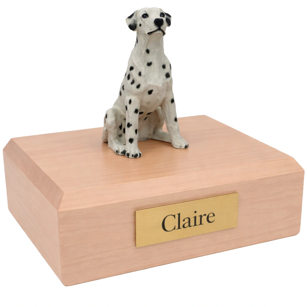 Memorial cremation urn with sitting Dalmatian dog figurine, maple finish
