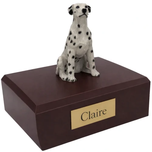 Memorial cremation urn with sitting Dalmatian dog figurine, walnut finish