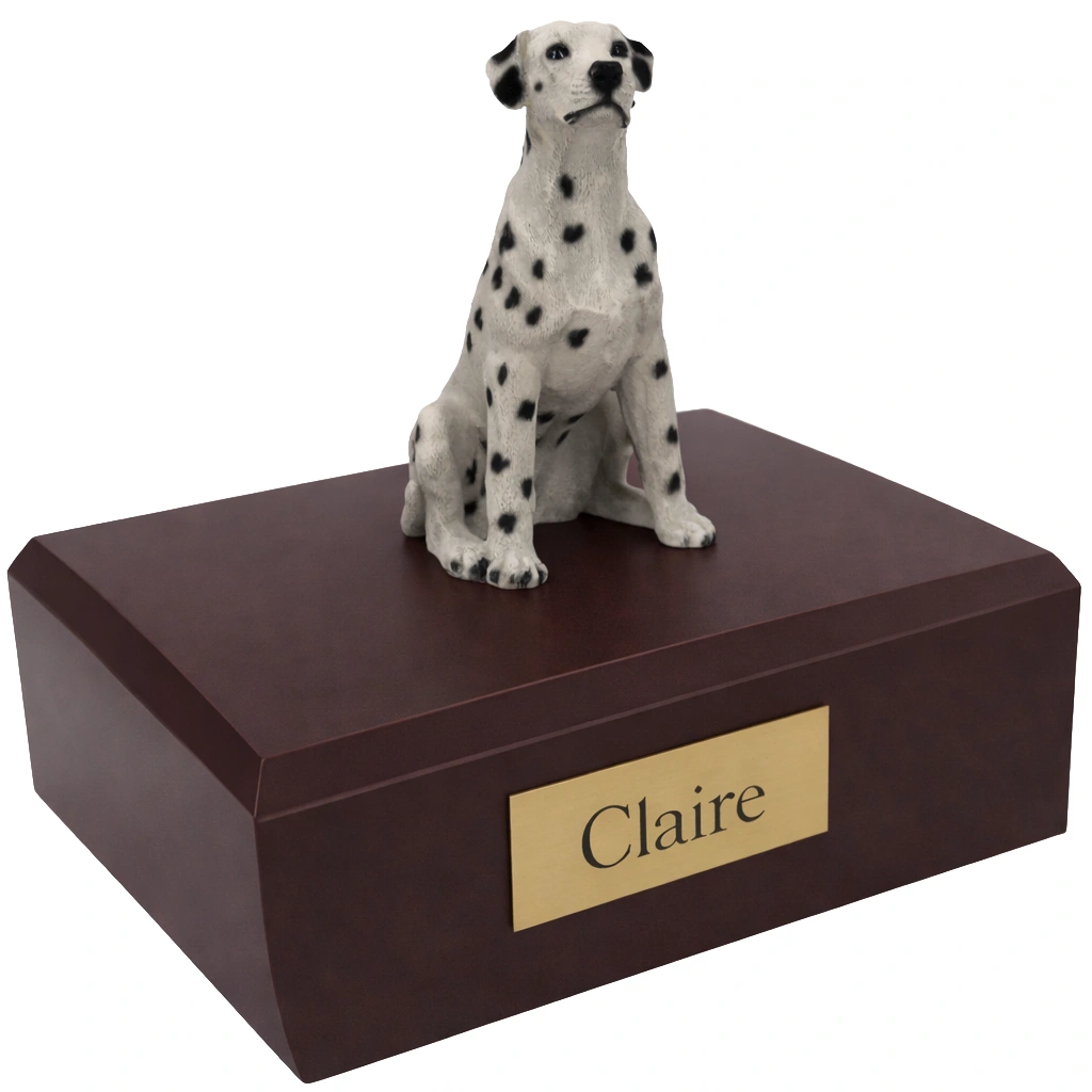 Memorial cremation urn with sitting Dalmatian dog figurine, walnut finish