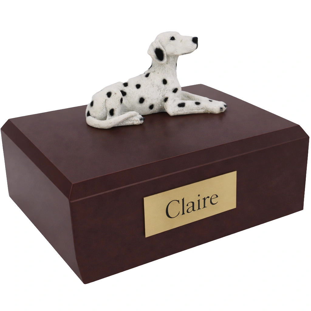 Memorial cremation urn with laying Dalmatian dog figurine, walnut finish