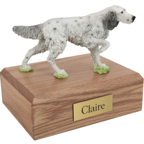Memorial cremation urn with pointing English Setter dog figurine, oak finish