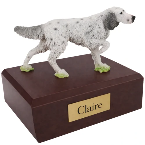 Memorial cremation urn with pointing English Setter dog figurine, walnut finish