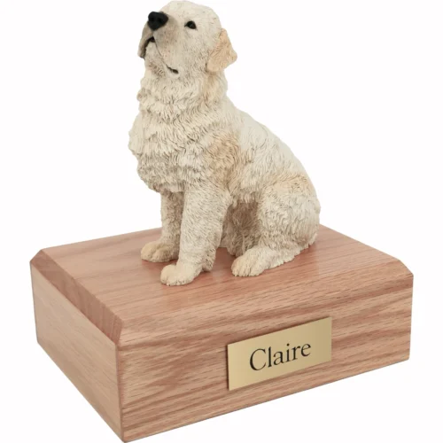 Memorial cremation urn with sitting Flanders dog figurine, oak finish