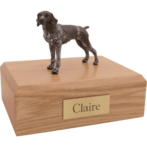 Memorial cremation urn with standing German Shorthaired Pointer dog figurine, oak finish