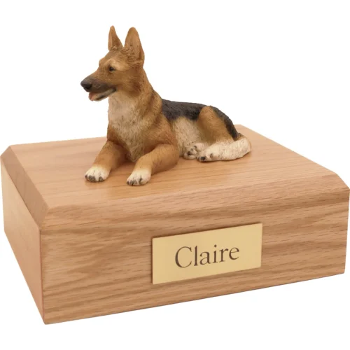 Memorial cremation oak finish urn with laying German Shepherd dog figurine