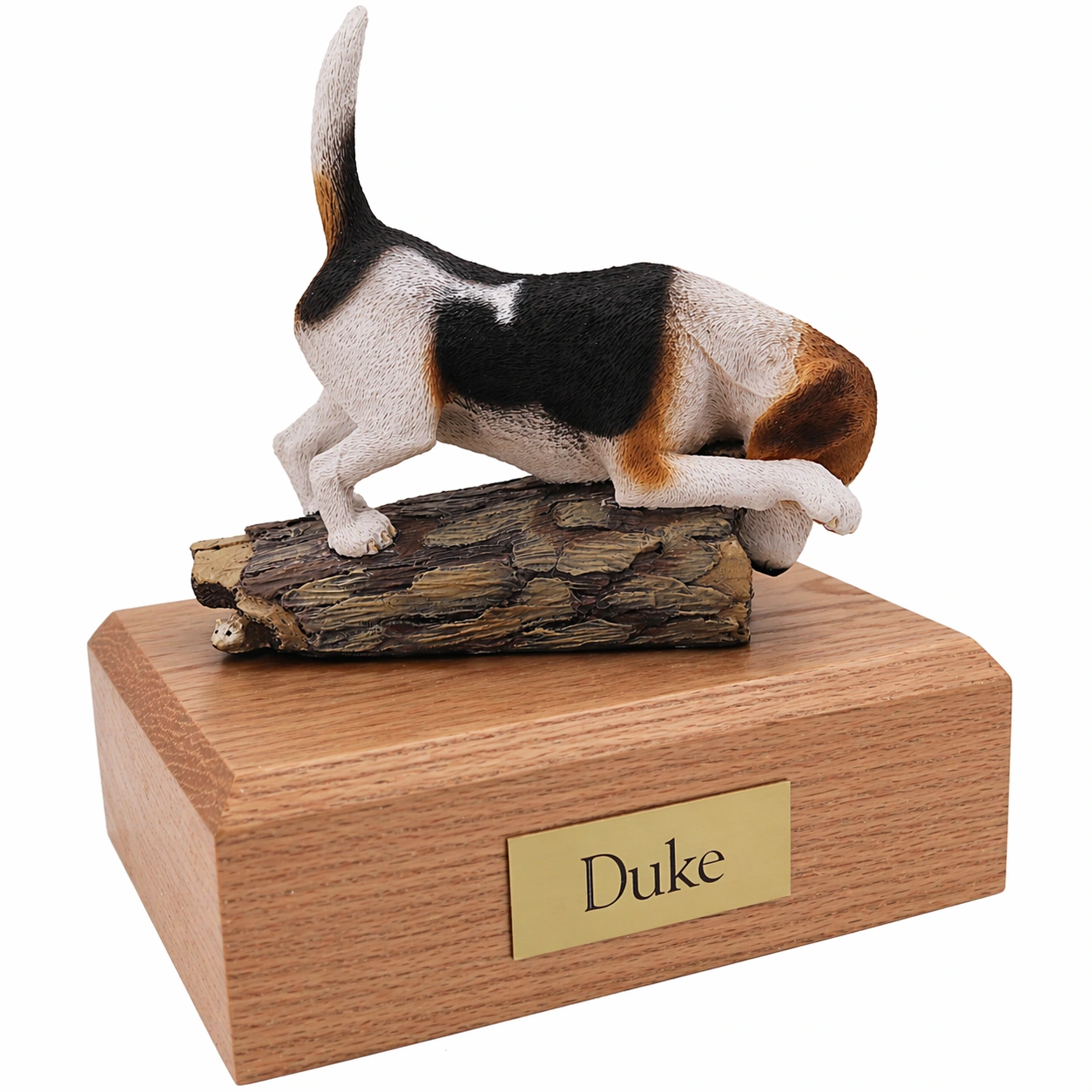 Memorial cremation urn with playful curious Beagle dog figurine, oak finish