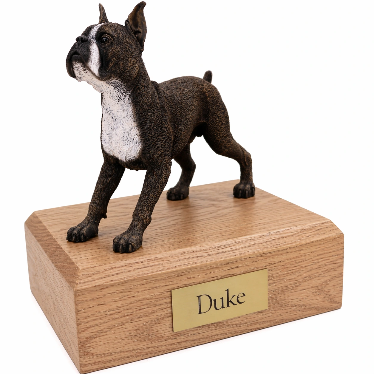 Memorial cremation urn with standing ears up brindle Boxer dog figurine, oak finish