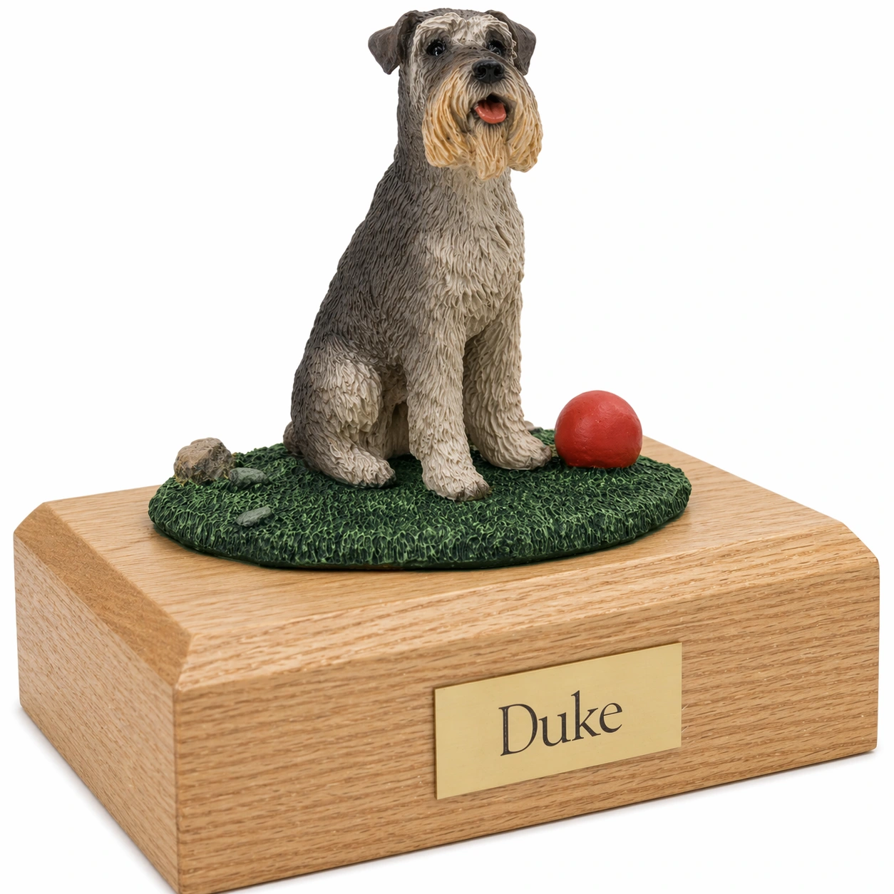 Memorial cremation urn with gray ears down Schnauzer dog figurine, oak finish
