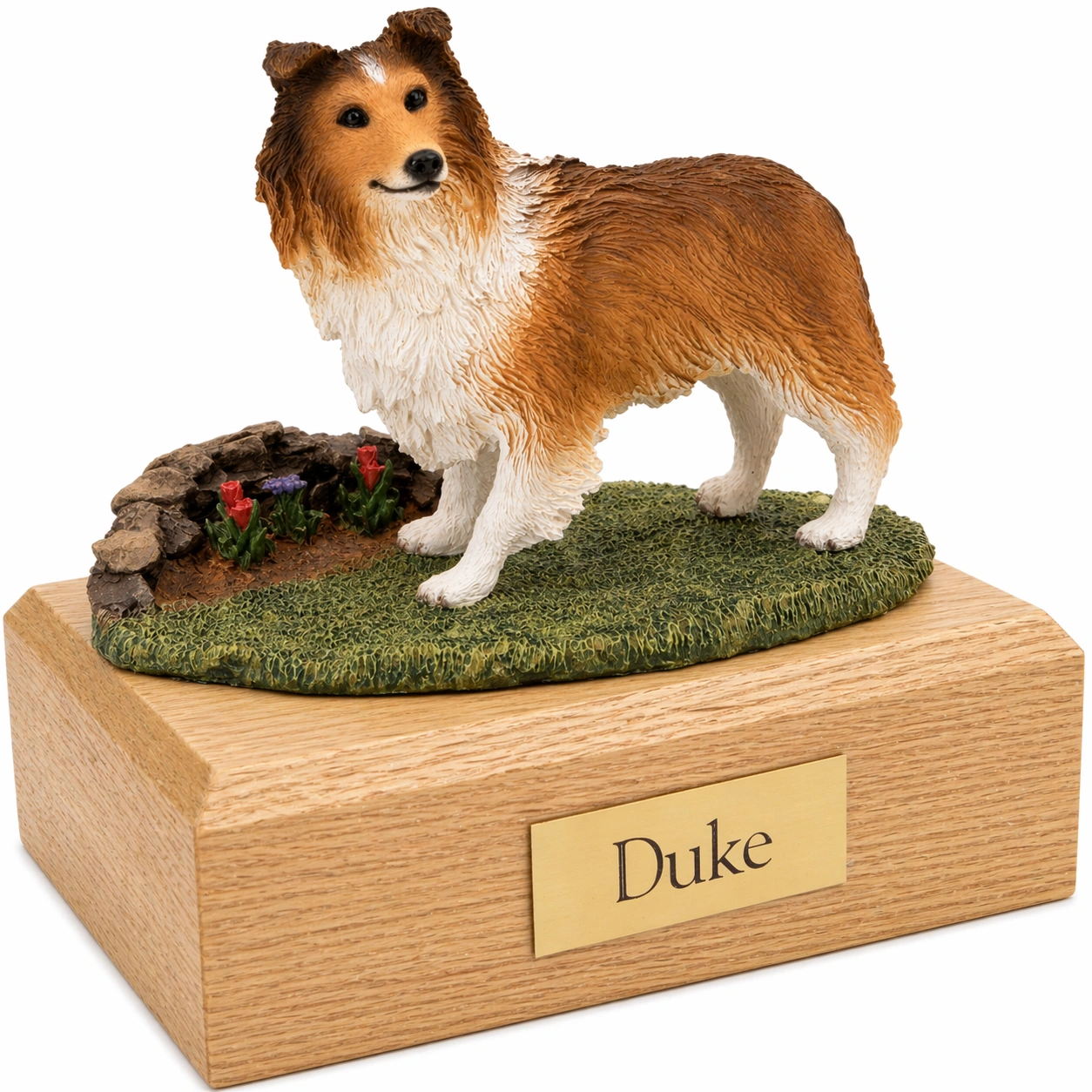 Memorial cremation urn with standing sable Shetland Sheepdog (Sheltie) dog figurine, oak finish