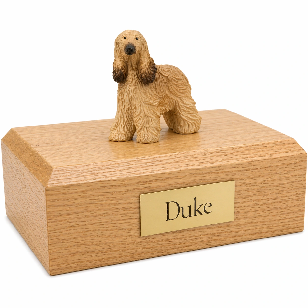 Memorial cremation urn with standing Afghan Hound dog figurine, oak finish