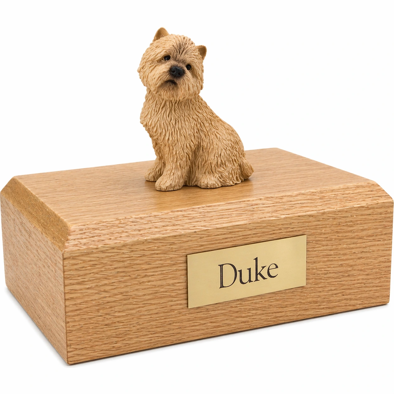 Memorial cremation urn with sitting Cairn Terrer dog figurine, oak finish