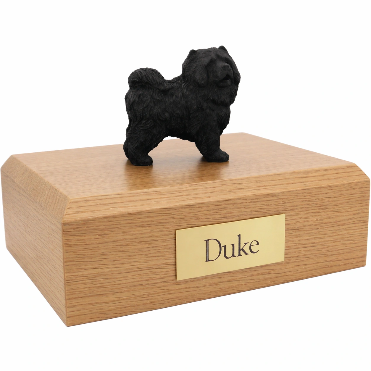 Memorial cremation urn with standing black Chow Chow dog figurine, oak finish