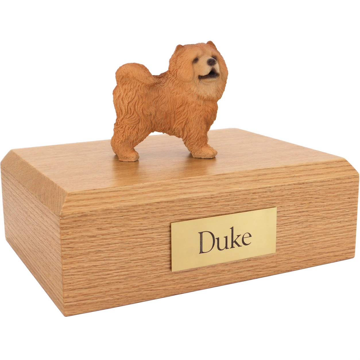 Memorial cremation urn with standing red Chow Chow dog figurine, oak finish