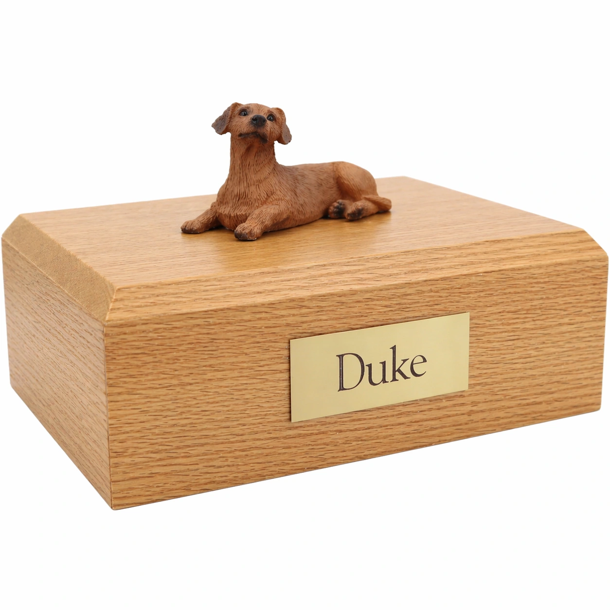 Memorial cremation urn with laying red Dachshund dog figurine, oak finish