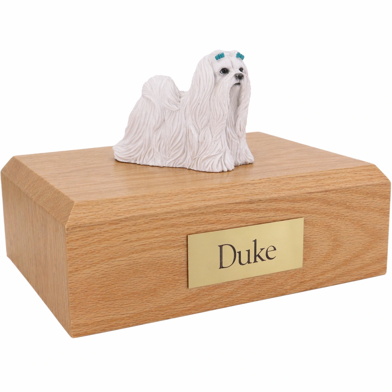Memorial cremation urn with standing Maltese dog figurine, oak finish