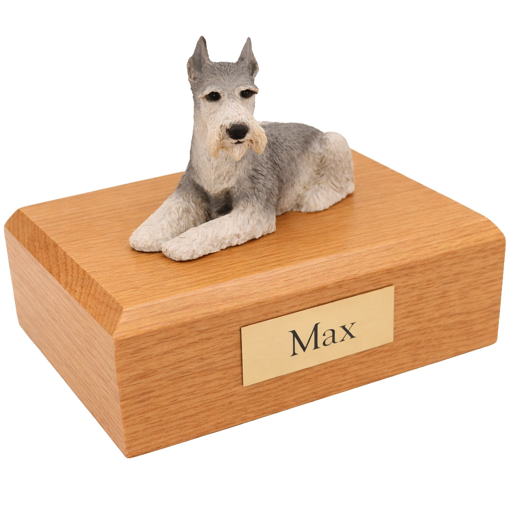 Memorial cremation urn with laying ears up tari Schnauzer dog figurine, oak finish