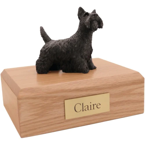 Memorial cremation urn with standing Scottish Terrier dog figurine, oak finish