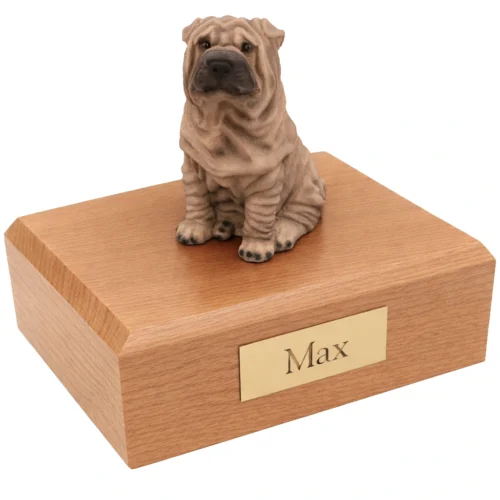 Memorial cremation urn with sitting Shar Pei dog figurine, oak finish