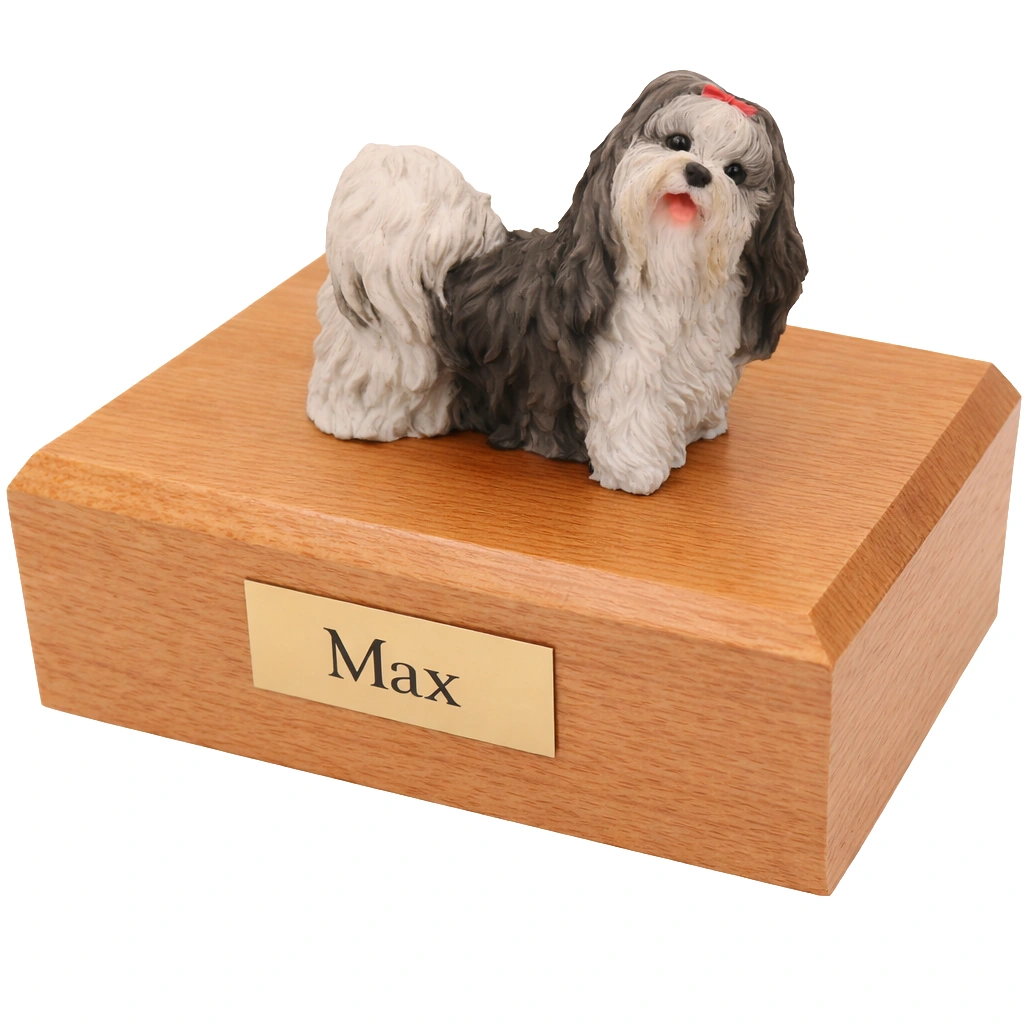 Memorial cremation urn with standing Shih Tzu dog figurine, oak finish