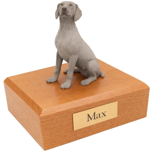 Memorial cremation urn with sitting Weimaraner dog figurine, oak finish