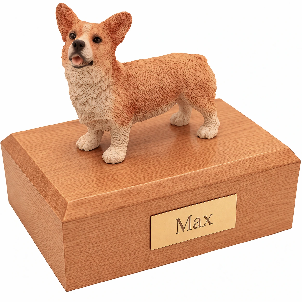 Memorial cremation urn with standing Welsh Corgi dog figurine, oak finish
