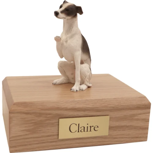 Memorial cremation urn with sitting brown and white Whippet dog figurine, oak finish